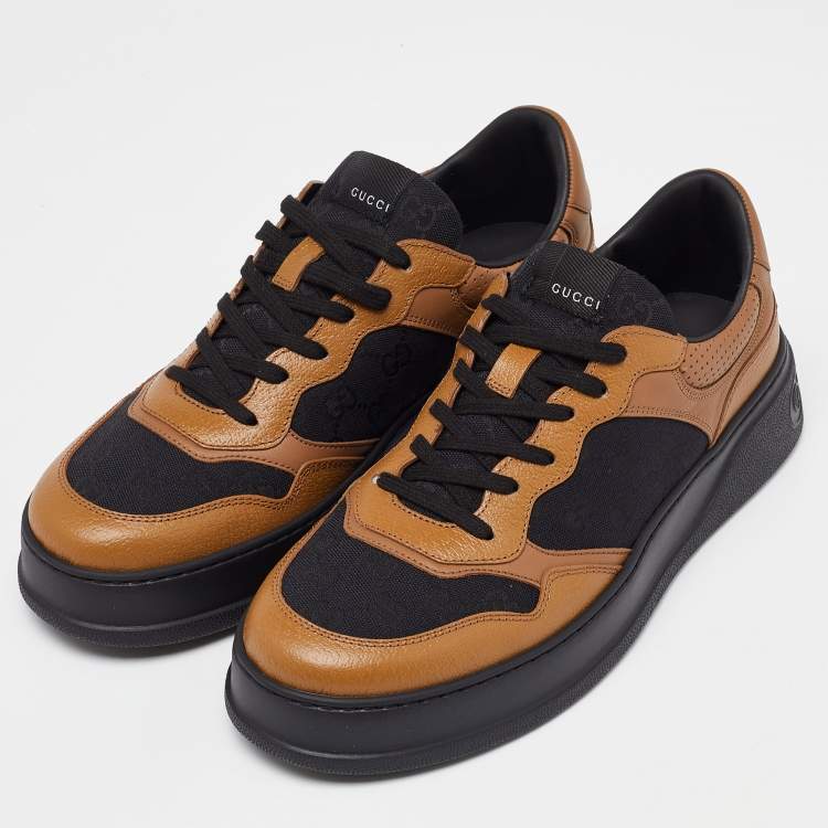 Pre Owned Gucci Brown/Black Leather and Monogram Canvas Low Top Sneakers Size 44