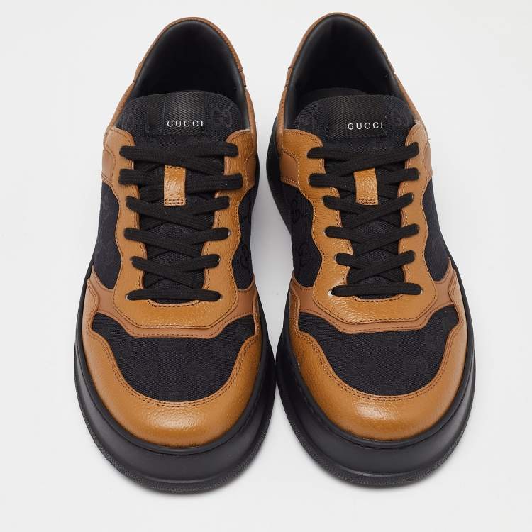 Pre Owned Gucci Brown/Black Leather and Monogram Canvas Low Top Sneakers Size 44