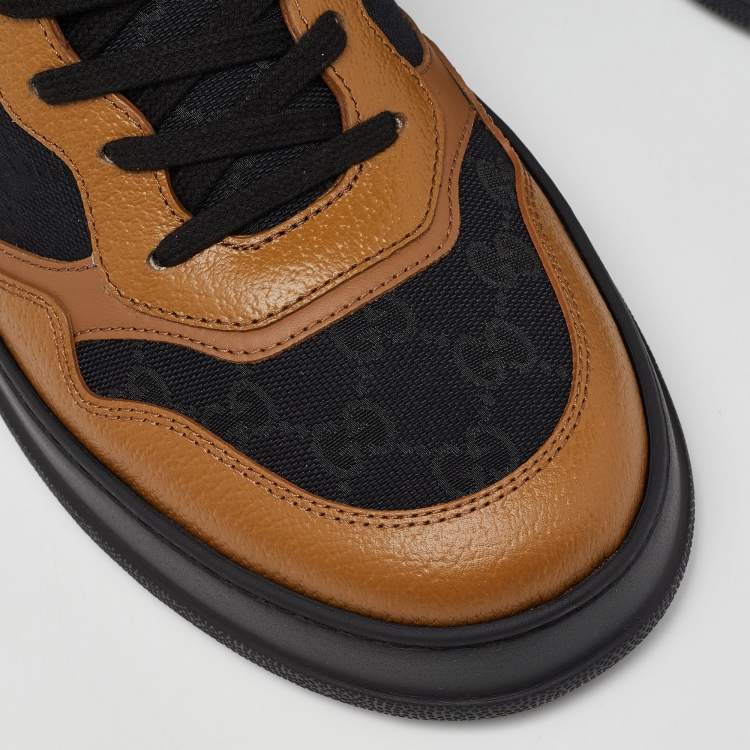 Pre Owned Gucci Brown/Black Leather and Monogram Canvas Low Top Sneakers Size 44