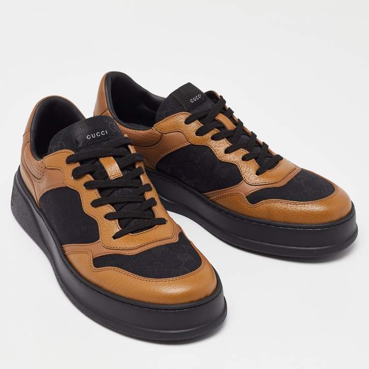 Pre Owned Gucci Brown/Black Leather and Monogram Canvas Low Top Sneakers Size 44