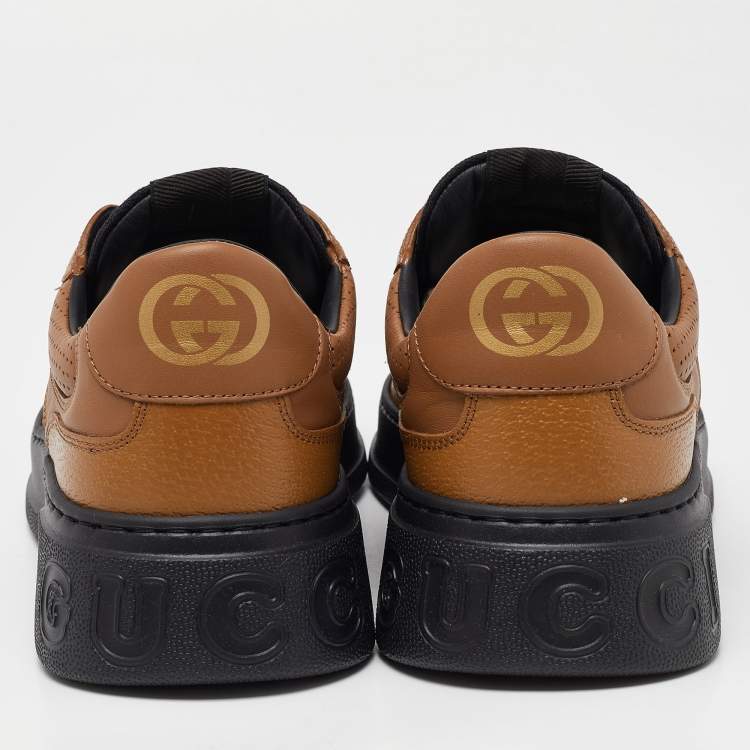Pre Owned Gucci Brown/Black Leather and Monogram Canvas Low Top Sneakers Size 44