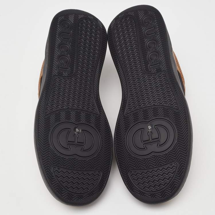 Pre Owned Gucci Brown/Black Leather and Monogram Canvas Low Top Sneakers Size 44