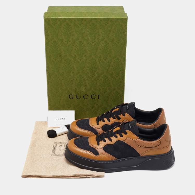 Pre Owned Gucci Brown/Black Leather and Monogram Canvas Low Top Sneakers Size 44