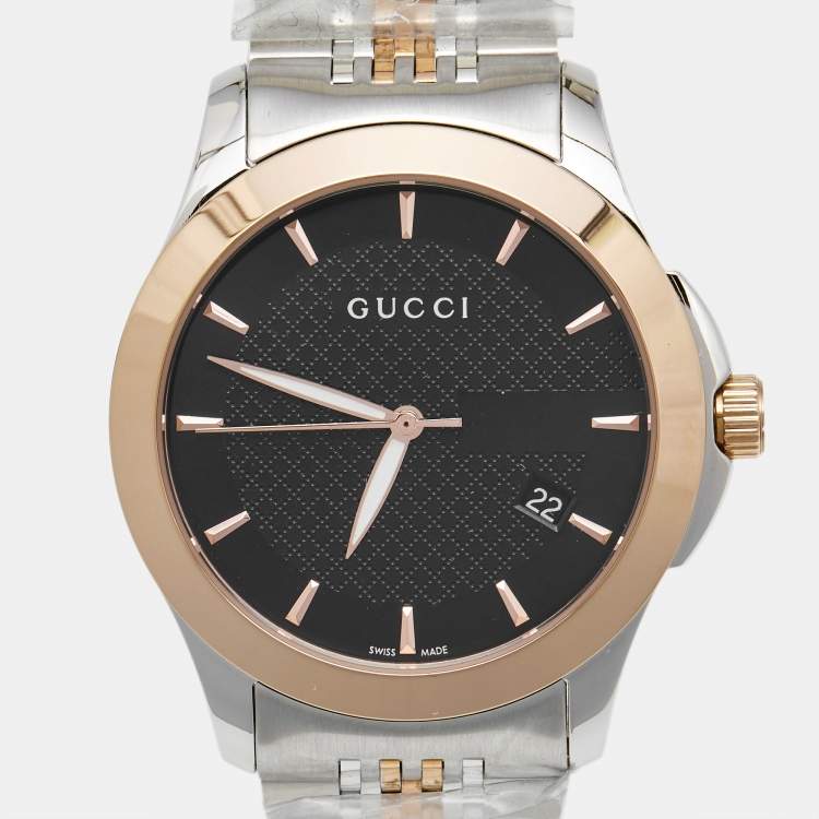 Pre Owned Gucci Black Two Tone Stainless Steel G-Timeless YA126410 Men's Wristwatch 38 mm 