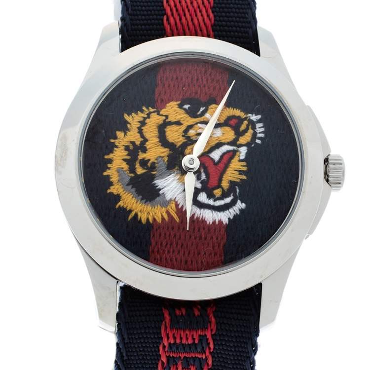 Pre Owned Gucci Black Red Tiger Stainless Steel Le Marche Des Merveilles YA126495 Men's Wristwatch 38 mm