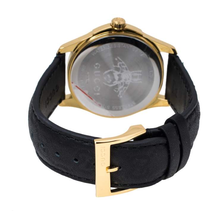 Pre Owned Gucci Black Gold Tone Stainless Steel Leather G-Timeless 126.4 Men's Wristwatch 38 mm