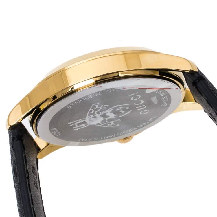 Pre Owned Gucci Black Gold Tone Stainless Steel Leather G-Timeless 126.4 Men's Wristwatch 38 mm