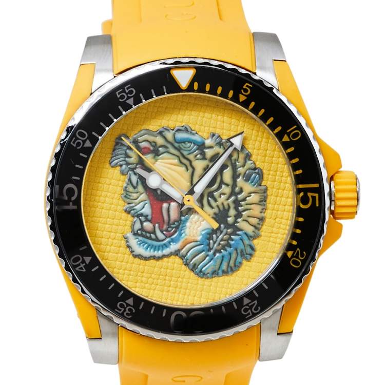 Pre Owned Gucci Yellow Stainless Steel Tiger Motif Dive YA136317 Men's Wristwatch 40 MM