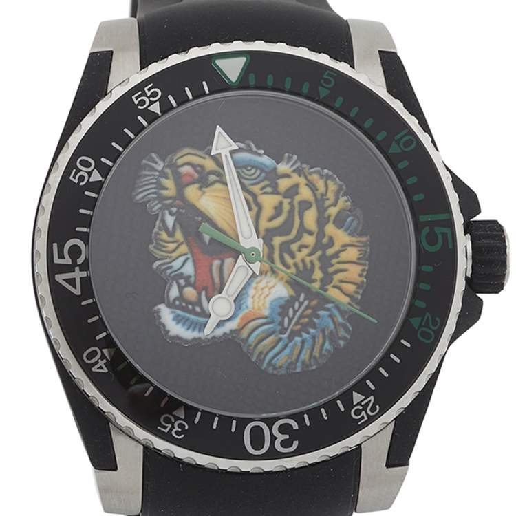Pre Owned Gucci Black Stainless Steel Tiger Motif YA136318 Men's Wristwatch 40MM
