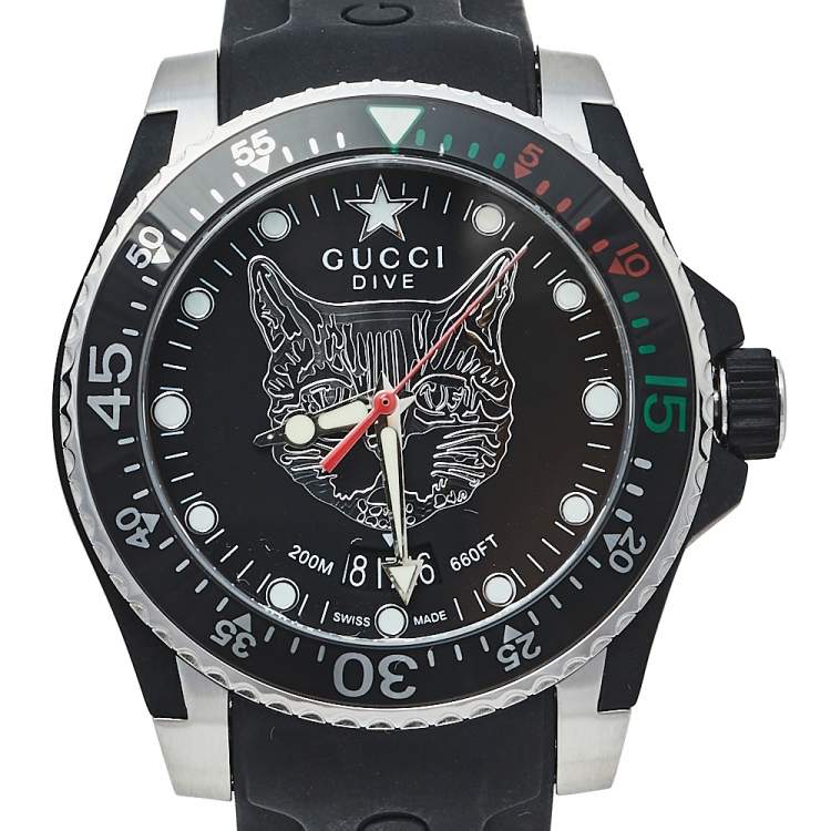 Pre Owned Gucci Black Stainless Steel & Rubber Dive YA136320 Quartz Men's Wristwatch 40 mm
