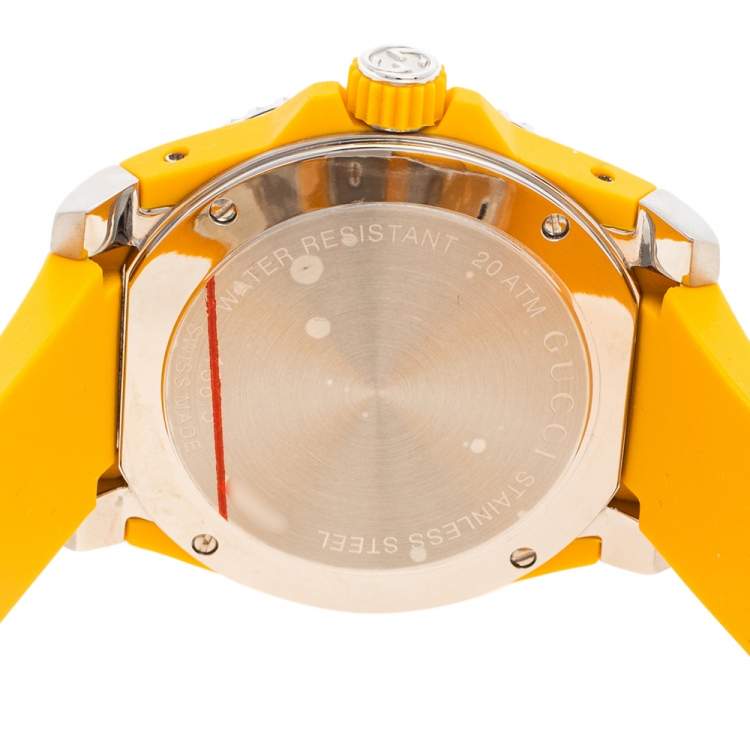 Pre Owned Gucci Yellow Stainless Steel Rubber Tiger Motif Dive YA136317 Men's Wristwatch 40 mm
