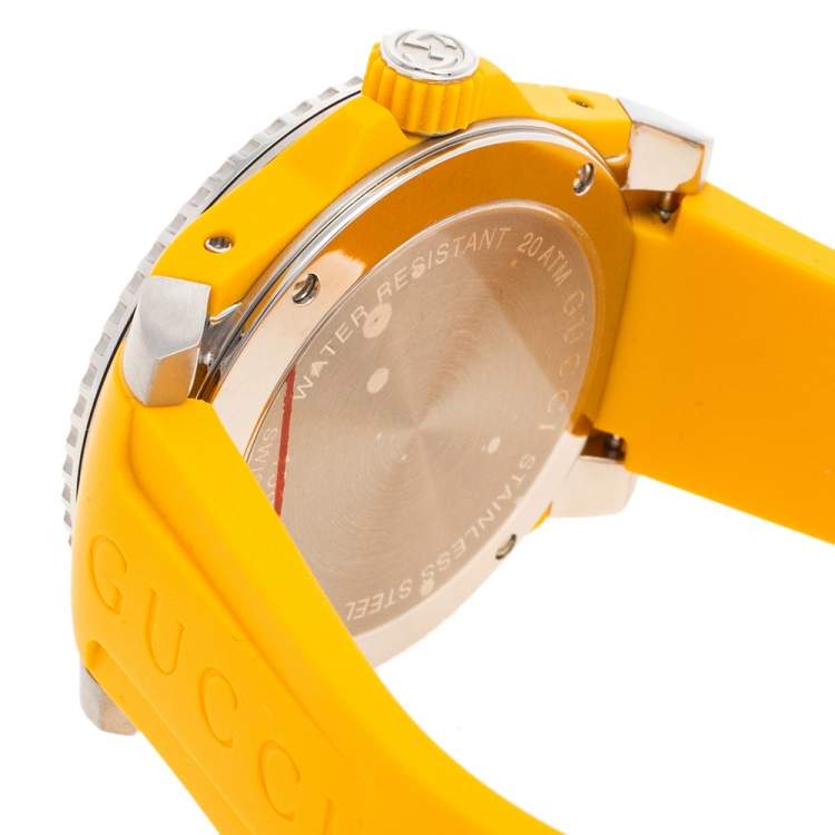 Pre Owned Gucci Yellow Stainless Steel Rubber Tiger Motif Dive YA136317 Men's Wristwatch 40 mm
