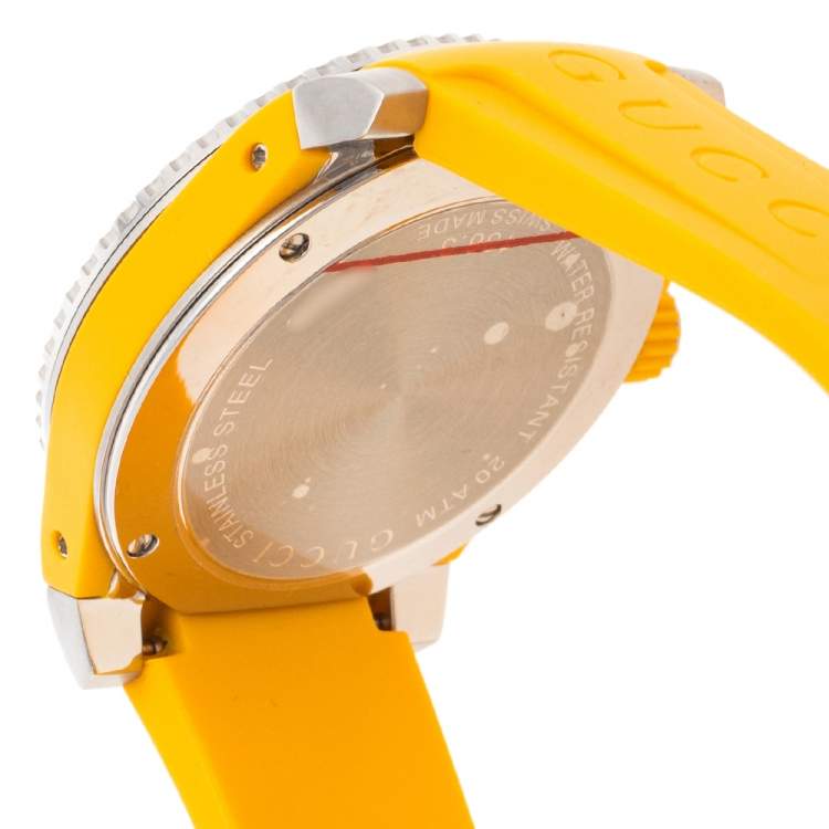 Pre Owned Gucci Yellow Stainless Steel Rubber Tiger Motif Dive YA136317 Men's Wristwatch 40 mm