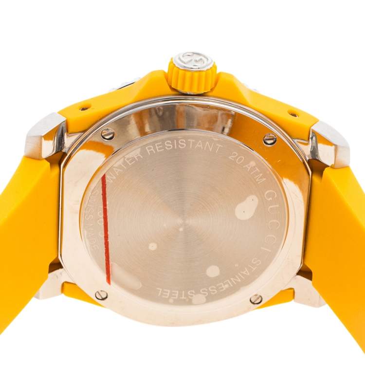 Pre Owned Gucci Yellow Stainless Steel Rubber Tiger Motif Dive YA136317 Men's Wristwatch 40 mm
