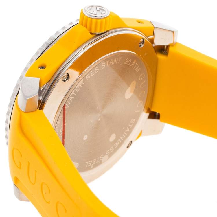 Pre Owned Gucci Yellow Stainless Steel Rubber Tiger Motif Dive YA136317 Men's Wristwatch 40 mm