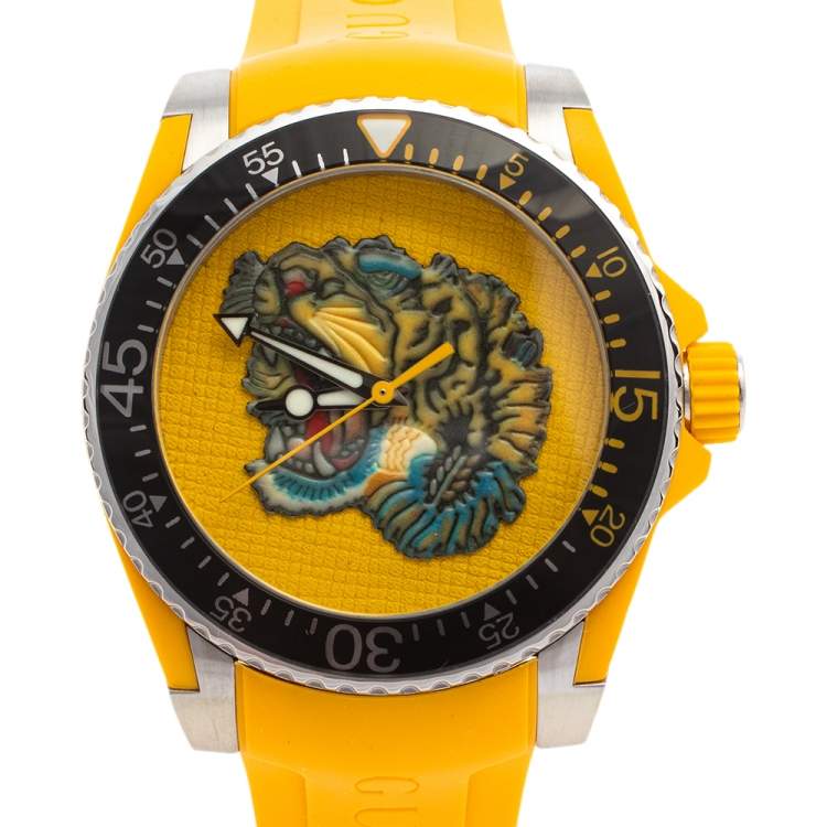 Pre Owned Gucci Yellow Stainless Steel Rubber Tiger Motif Dive YA136317 Men's Wristwatch 40 mm
