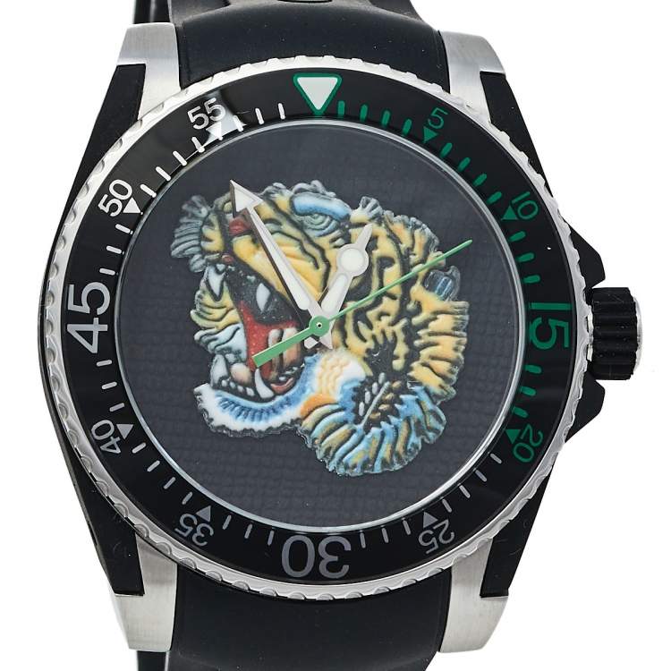 Pre Owned Gucci Black Stainless Steel Tiger Motif Dive YA136318 Men's Wristwatch 40 mm