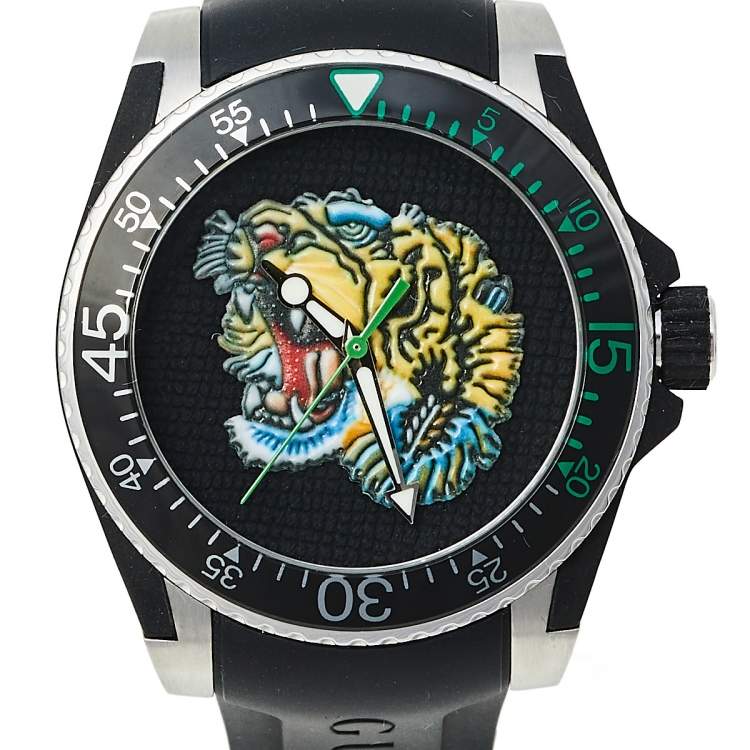Pre Owned Gucci Black Stainless Steel & Rubber Tiger Motif Dive YA136318 Men's Wristwatch 40 mm
