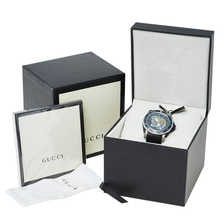 Pre Owned Gucci Black Stainless Steel & Rubber Tiger Motif Dive YA136318 Men's Wristwatch 40 mm