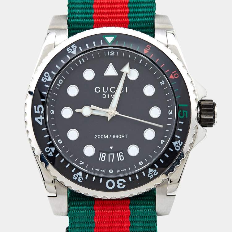 Pre Owned Gucci  Black Stainless Steel Nylon Dive YA136209 Men's Wristwatch 45 mm