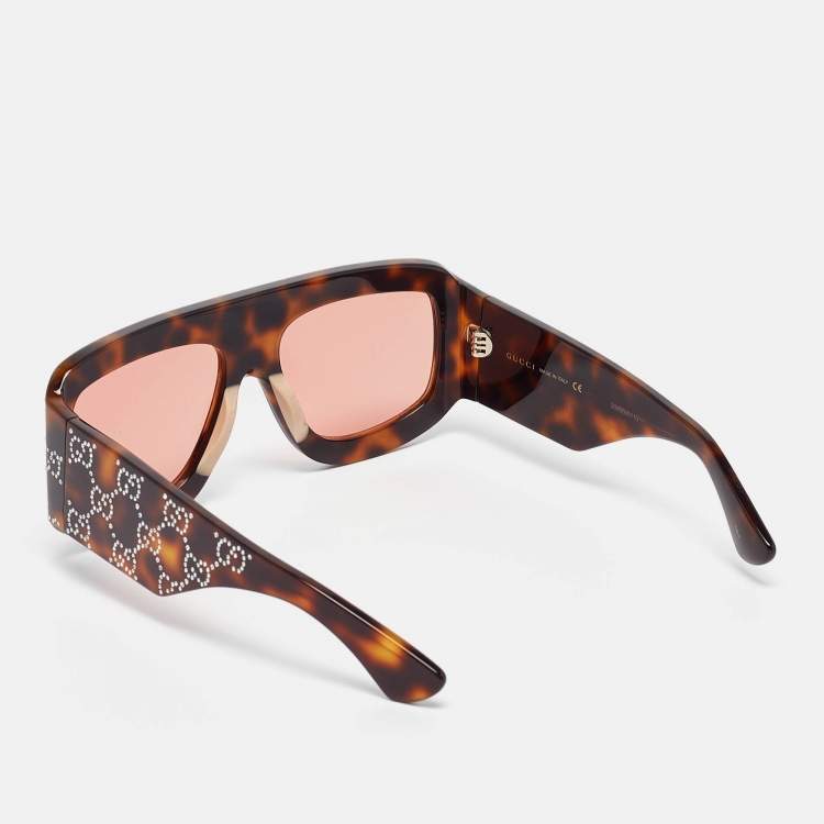 Pre Owned Gucci Tortoise GG0983S GG Crystals Mask Sunglasses