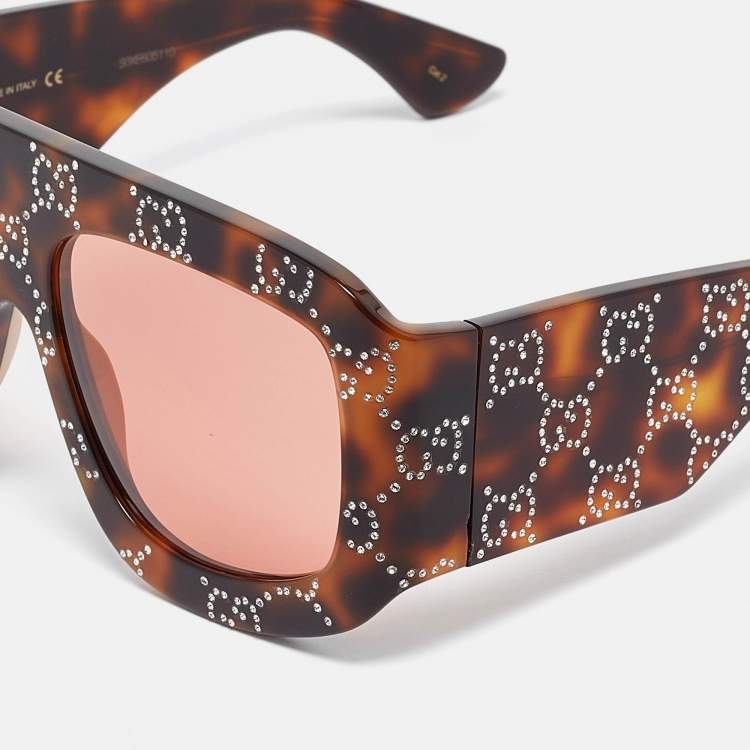 Pre Owned Gucci Tortoise GG0983S GG Crystals Mask Sunglasses
