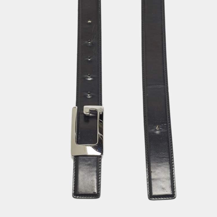Pre Owned Gucci Black/Brown Leather G Square Buckle Reversible Belt 85 CM