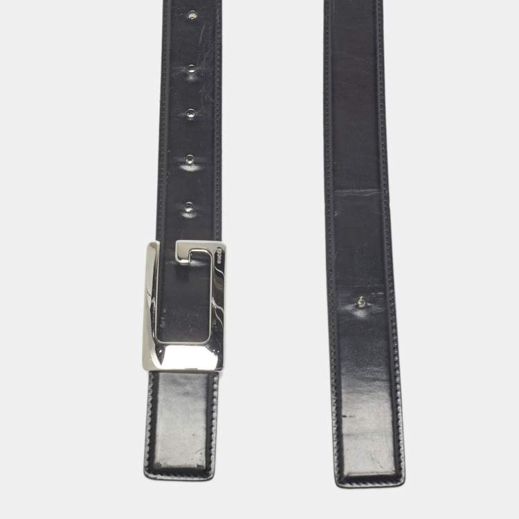 Pre Owned Gucci Black/Brown Leather G Square Buckle Reversible Belt 85 CM