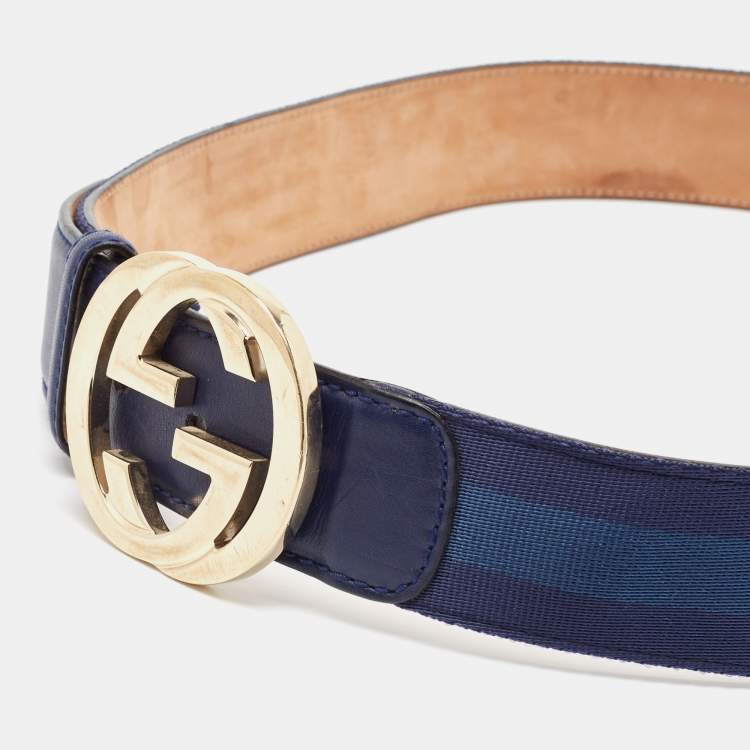Pre Owned Gucci Blue Web Canvas and Leather Interlocking G Buckle Belt 95CM