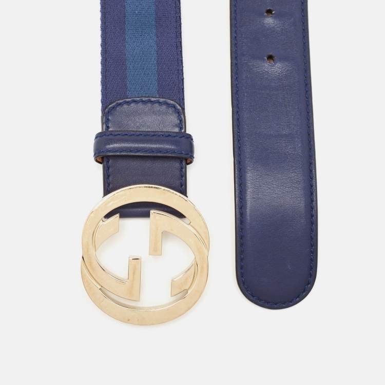 Pre Owned Gucci Blue Web Canvas and Leather Interlocking G Buckle Belt 95CM