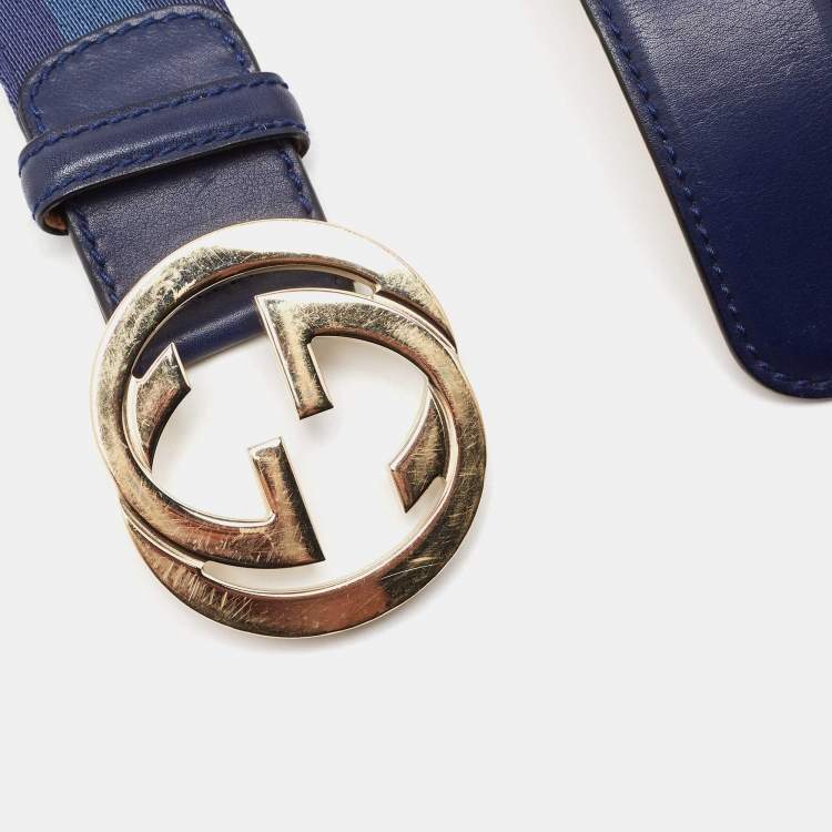 Pre Owned Gucci Blue Web Canvas and Leather Interlocking G Buckle Belt 95CM