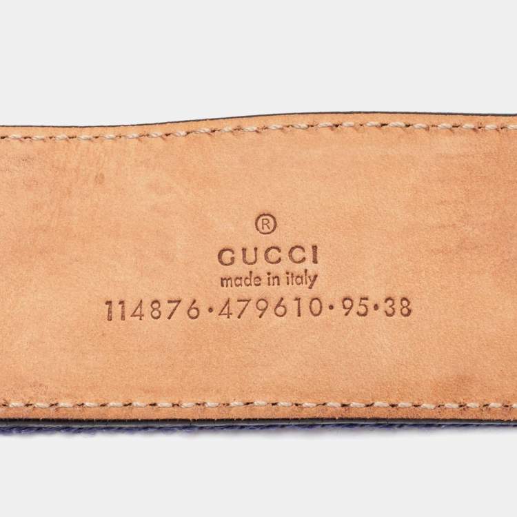 Pre Owned Gucci Blue Web Canvas and Leather Interlocking G Buckle Belt 95CM