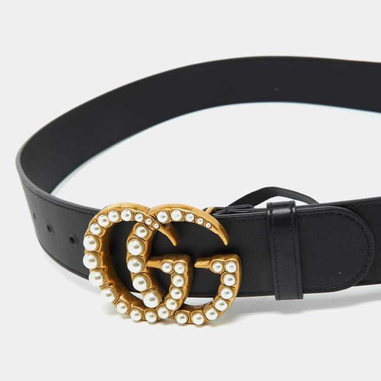 Pre Owned Gucci Black Leather GG Marmont Pearl Embellished Buckle Belt 95CM