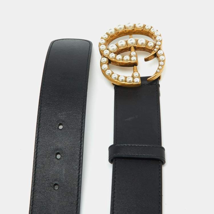 Pre Owned Gucci Black Leather GG Marmont Pearl Embellished Buckle Belt 95CM