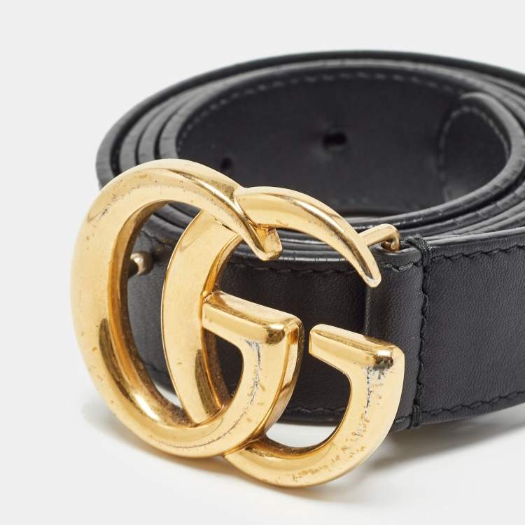 Pre Owned Gucci Black Leather GG Marmont Buckle Belt 90 CM