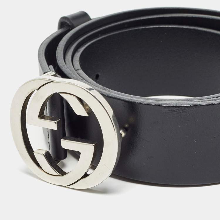 Pre Owned Gucci Black Leather Interlocking G Buckle Belt 100CM