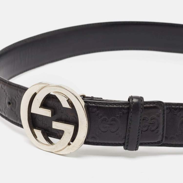 Pre Owned Gucci Black Guccissima Leather Interlocking G Buckle Belt 90 CM