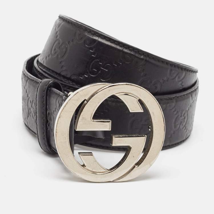 Pre Owned Gucci Black Guccissima Leather Interlocking G Buckle Belt 90 CM