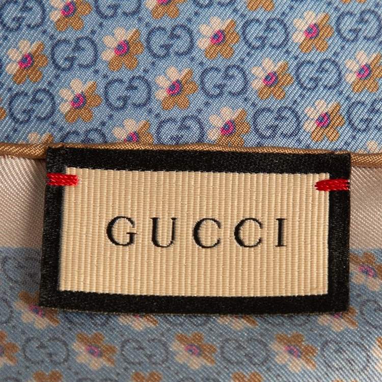 Pre Owned Gucci Blue GG and Floral Print Silk Pocket Square 