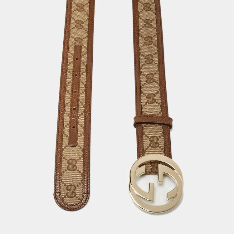 Pre Owned Gucci Beige/Brown GG Canvas and Leather Interlocking G Buckle Belt 95 CM