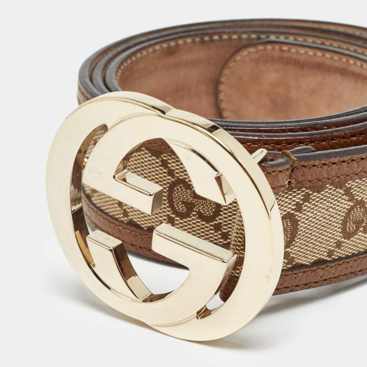 Pre Owned Gucci Beige/Brown GG Canvas and Leather Interlocking G Buckle Belt 95 CM