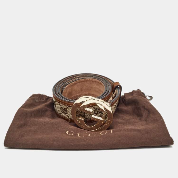 Pre Owned Gucci Beige/Brown GG Canvas and Leather Interlocking G Buckle Belt 95 CM