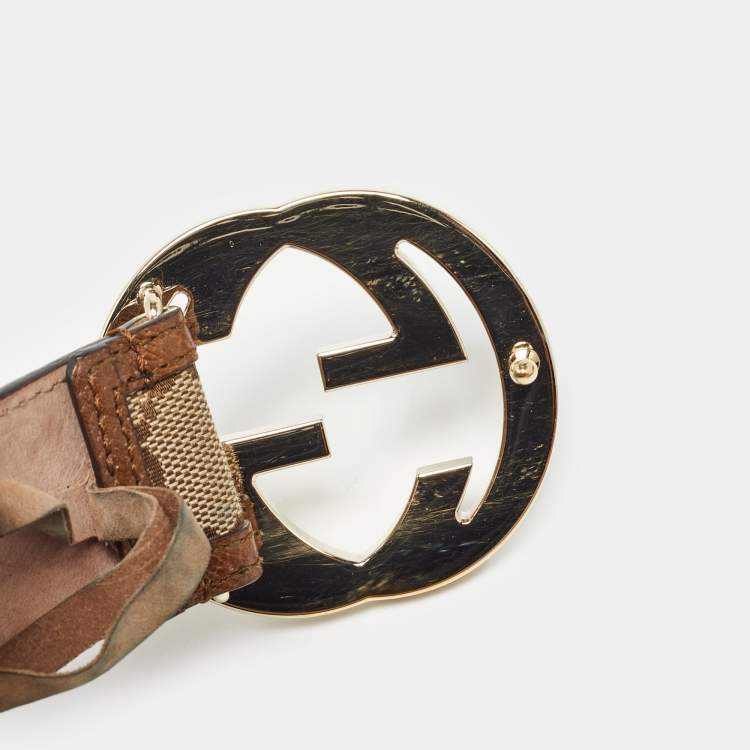Pre Owned Gucci Beige/Brown GG Canvas and Leather Interlocking G Buckle Belt 95 CM