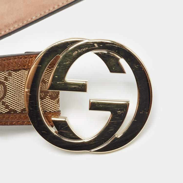 Pre Owned Gucci Beige/Brown GG Canvas and Leather Interlocking G Buckle Belt 95 CM