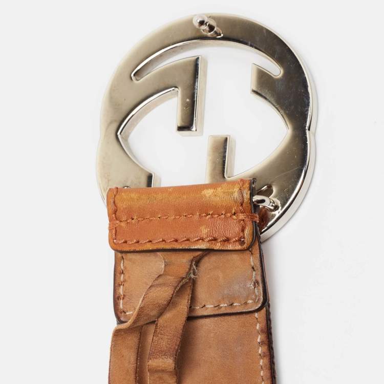 Pre Owned Gucci Brown/Beige Canvas and Leather Interlocking G Buckle Belt 105 CM