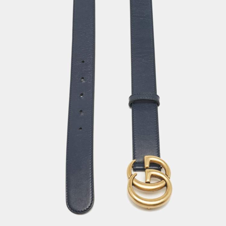 Pre Owned Gucci Navy Blue Leather GG Marmont Slim Belt 85 CM