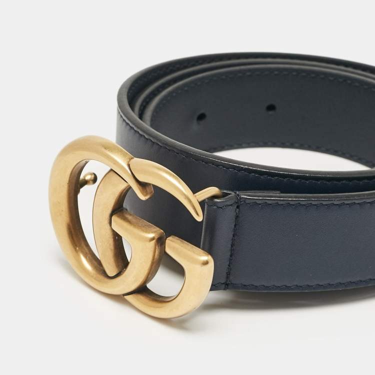 Pre Owned Gucci Navy Blue Leather GG Marmont Slim Belt 85 CM