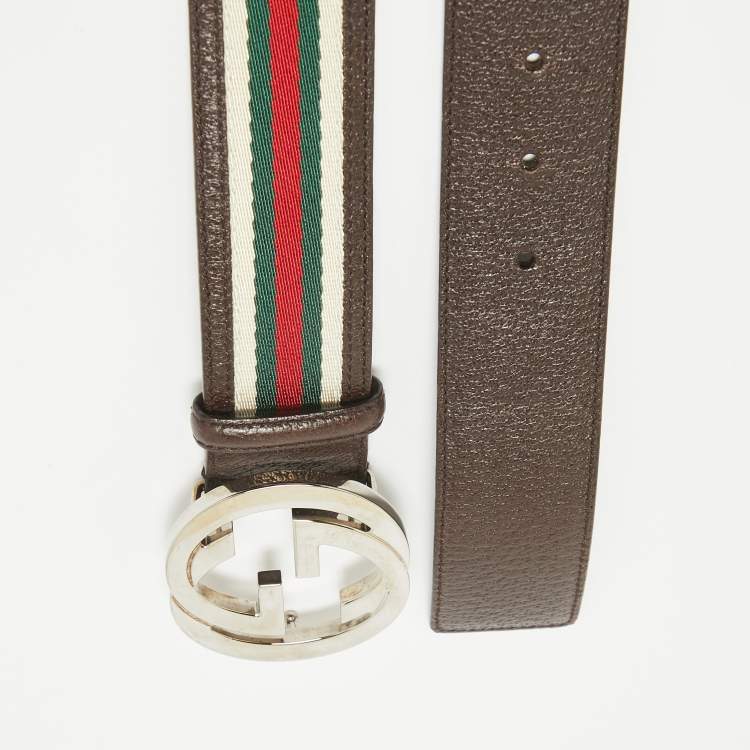 Gucci Brown Web Canvas and Leather Interlocking G Buckle Belt 95CM Gucci TLC