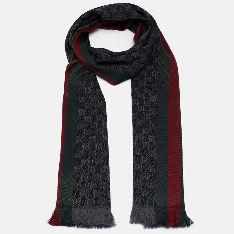 Pre Owned Gucci Grey Web Striped GG Jacquard Wool Scarf