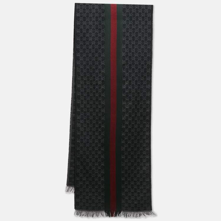 Pre Owned Gucci Grey Web Striped GG Jacquard Wool Scarf